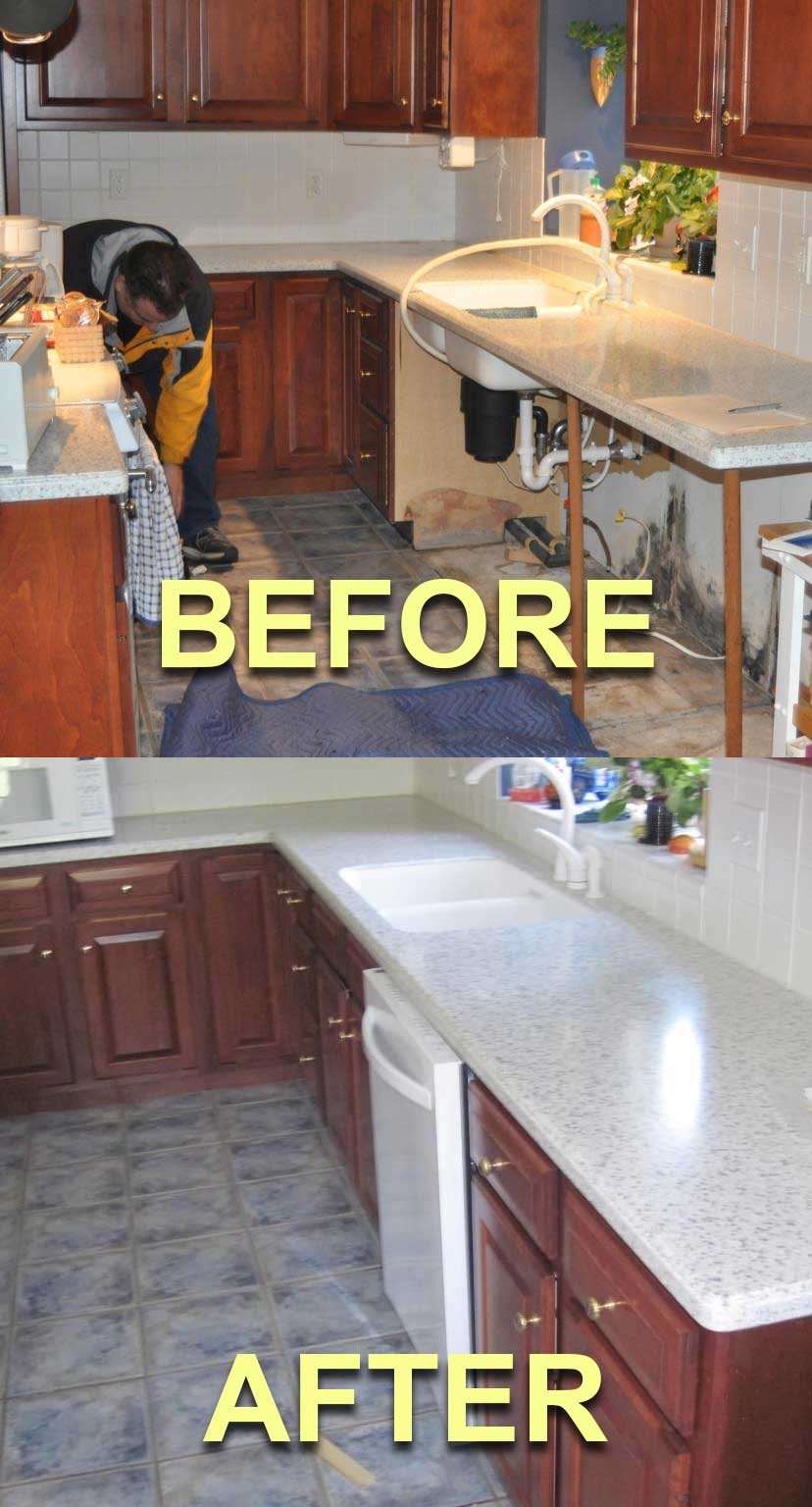 before and after pictures of kitchen cabinet restoration after burst water pipe