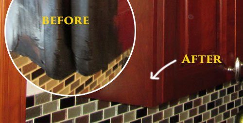 A before and after fire restoration cabinet
